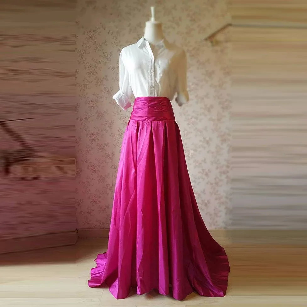 

Fuchsia Vintage Long Taffeta Skirt Women To Prom Pleated A-line Female Adult Maxi Skirt Faldas Mujer Moda 2018 Custom Made