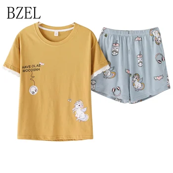 

BZEL New Unicorn Pajamas Cotton Cosy Two Piece Sets For Women Summer Short Sleeve Sleepwear Lovely Cartoon Round Neck Underwear