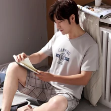 Летние хлопковые пижамы мужские с круглым вырезом пуловер мужские с короткими рукавами хлопоковый домашний повседневный костюм рубашка+ шорты 2 шт. комплект мужской