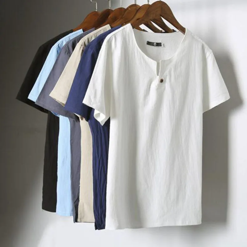 

Summer Hot Sale Fashion Men Short Sleeve Cotton Linen Comfortable T-shirt,V-neck Casual Loose Candy Pure Color Base Cloth