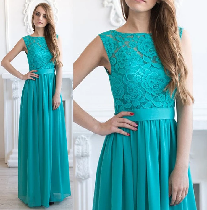 2019 Teal  Country Bridesmaid  Dresses  Long Sleeveless Jewel 