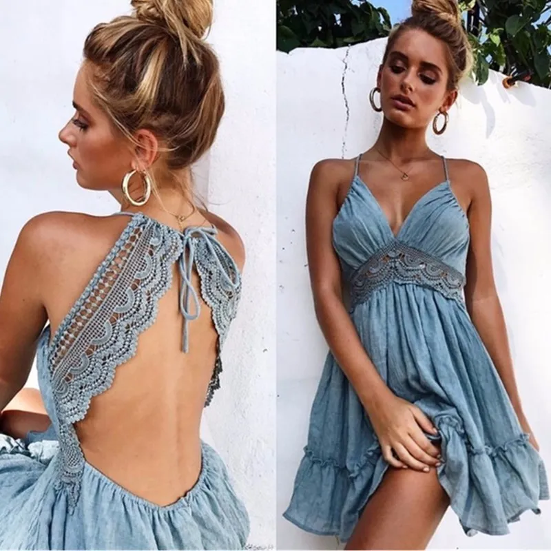 

Women Solid Lace Mini Dress V Neck Sexy Casual Sleeveless Backless Strap Ruffle Dresses Beach Summer Hollow Out Party Dress 2018