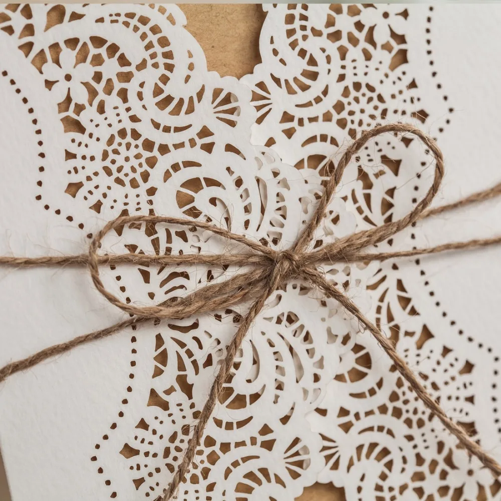 WISHMADE деревенский лазерная резка свадебные приглашения карты кружева рукав карман Мешковина галстук для помолвки подарок на день рождения ребенка