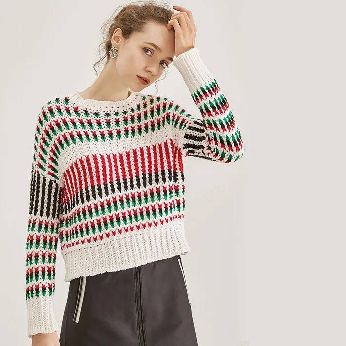 Многоцветный трикотажный пуловер Для женщин свободная верхняя одежда Дамская мода полосатый свитер одежда с длинным рукавом Осенняя