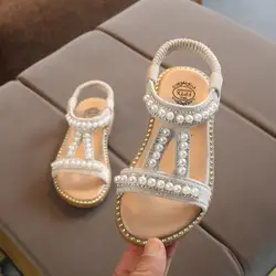 2019 для девочек пинетки для девочек кожа бабочкой-узлом с жемчугом и кристаллами в римском стиле тонкие туфли принцессы Летняя обувь