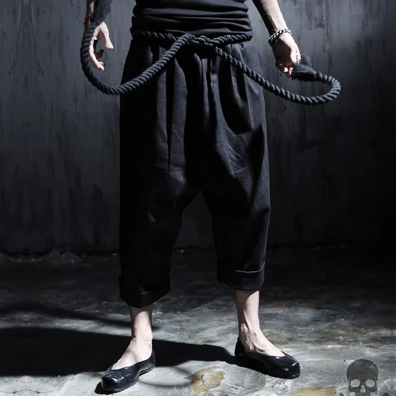 2017 Fashion Hiphop Male Cropped Pants Loose Rough Waist Rope Harem