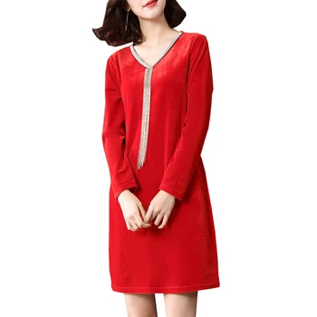 

Plus Size Red Glod Velet Dress Fashion V-neck Long Sleeve Loose Dress 2018 Autumn Winter Ladies Short Party Dresses YP2036
