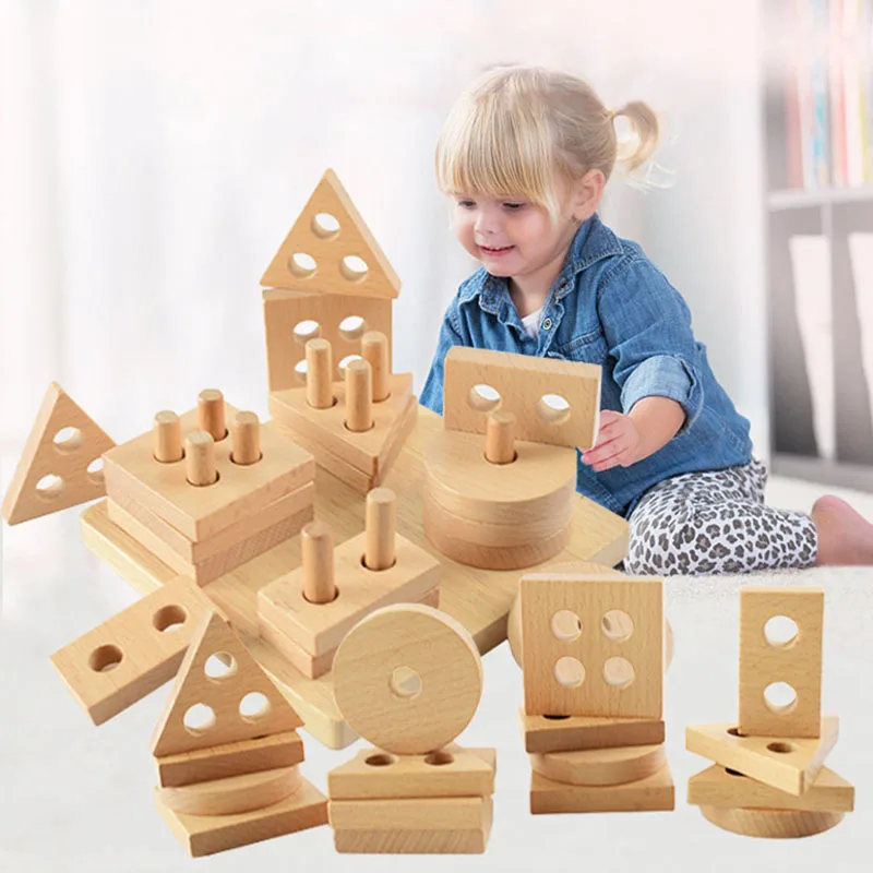 1Set Kids Wooden Stacking Blocks Geometric Shape Blocks Early Education