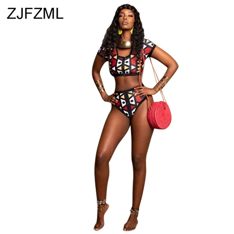 

Geometric Print Sexy Two Piece Set Summer Clothes For Women Front Zipper Short Sleeve Crop Top+Bodycon Shorts Beach Club Outfit