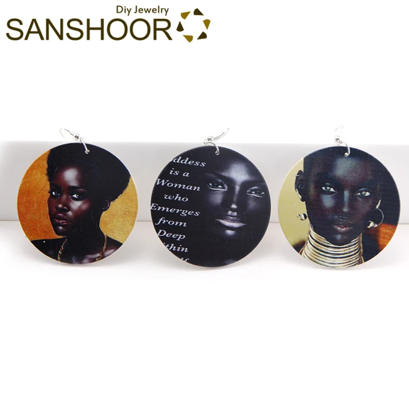 

SANSHOOR Painted African Tropical Black Women Wood Drop Earrings Afro Ethnic Natural Hair Hiphop Jewelry For Lady's Gift 6Pairs