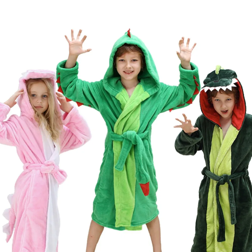 Girls Boys' Plush Hooded Bathrobe Dinosaur Fleece Robein Robes from