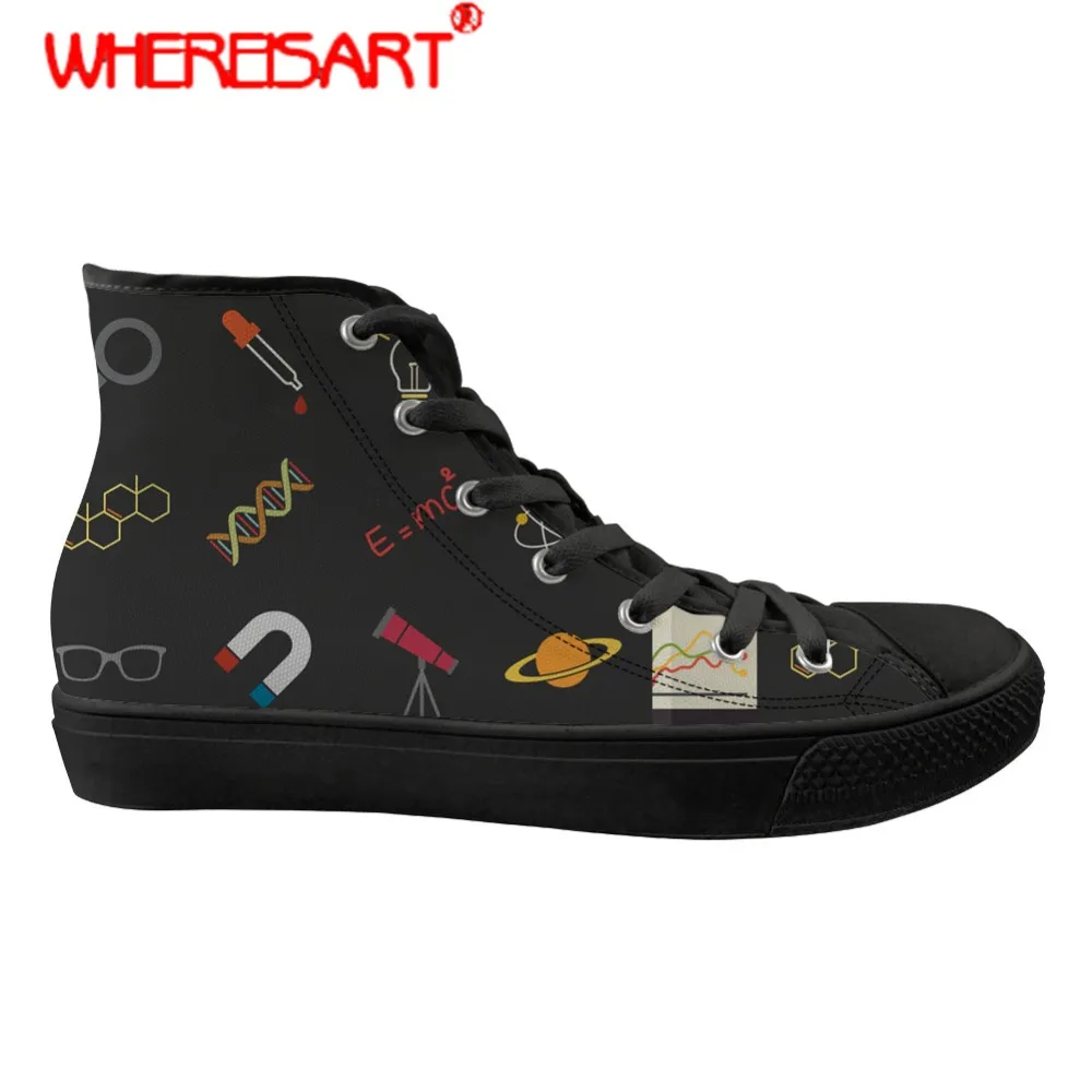 

WHEREISART Teenagers Science Printed Canvas Shoes Women High-top Vulcanized Shoes Ladies Lace-up Sneakers for Females Flat Shoes