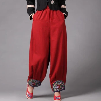 

Women Loose Chinese Style Embroidery Bloomers Autumn Ethnic Wide Leg Boho Pants Elastic Waist Vintage Baggy Trousers 092606