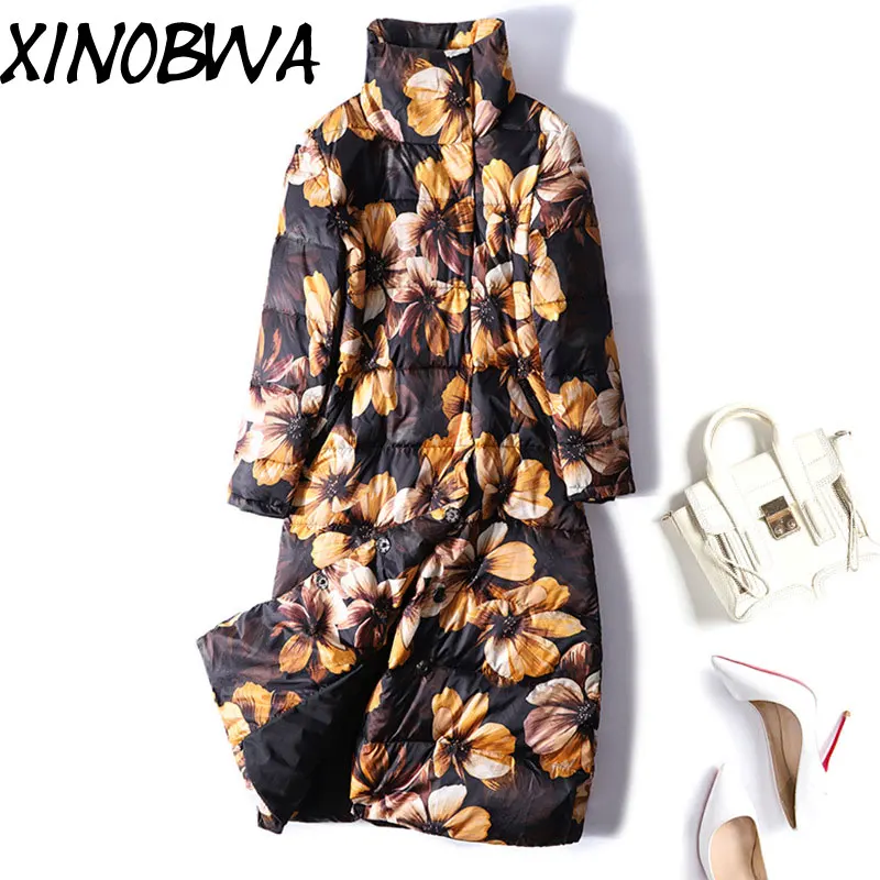 

Women's Winter High Fashion Stand Collar Single Breasted X-Long Printing Down Jackets Female Over Knee Thick Warm Coats Parkas