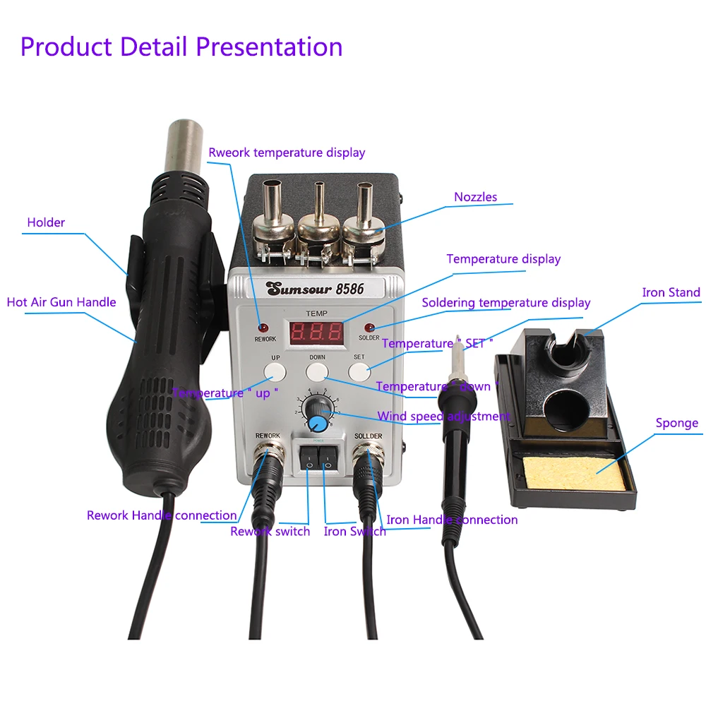 Soldering Station 8586 760W 2 in 1 Digital Display SMD Rework Hot Air Gun Solder Iron 220V ESD Welding Desoldering Repair Tools