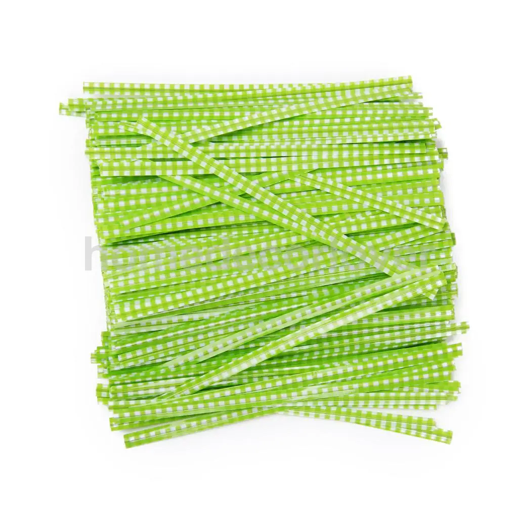 500pcs Green White Checks Grids Twist ties for Bakery Gift Candy Cello Bags