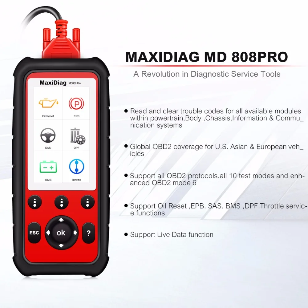 Autel MD808 PRO Full Systems OBD2 Car Diagnostic  Tool  for Engine, Transmission, SRS and ABS with EPB, Oil Reset, DPF, SAS,BMS