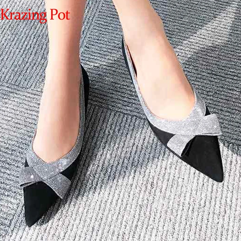

Krazing Pot basic style natural leather lazy woman pointed toe slip on handmade bling sequined cloth pregnant woman loafers L6f5
