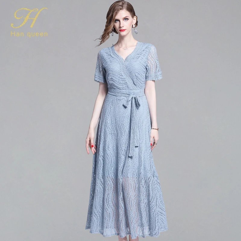 

H Han Queen Vintage Elegant Slim Long Dress Women 2019 Summer Short Sleeve Maxi Lace Dresses Waist Swing Ankle-length Vestidos