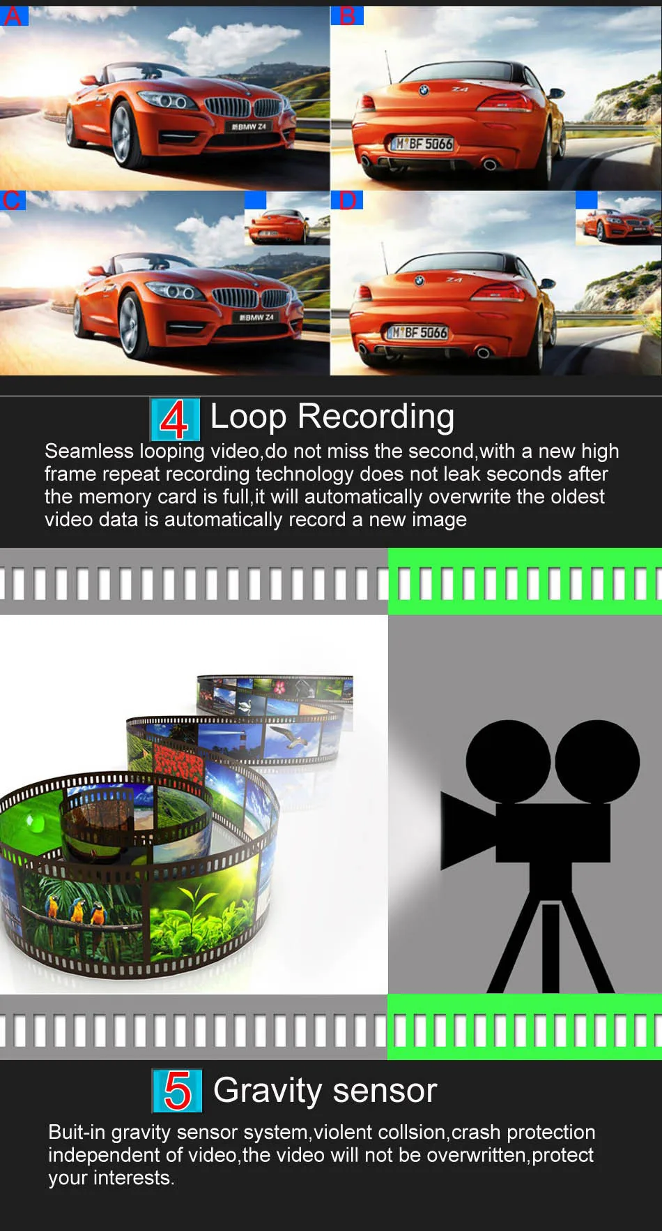 Mini Car DVR H801B With Rear View Camera Dual Lens Dash Cam 4 Inch Full HD 1080P+720P WDR Video Recorder Portable Camcorders-7