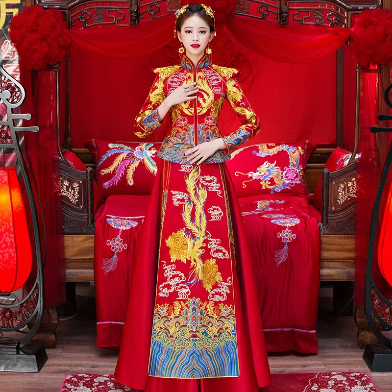 Традиционное китайское свадебное платье для женщин Cheongsam вышивка дракон феникс Qipao Oriental платья для вечеринок Красный Qi Pao