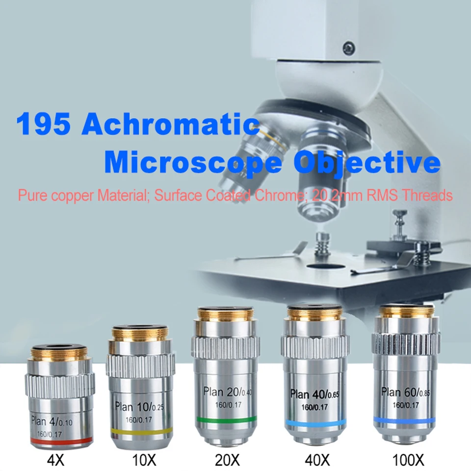 Объектив микроскопа 195 плоское поле/полуплоское поле ахроматическая линза для объектива 4x 10x 20x 40x 60x 100x можно выбрать