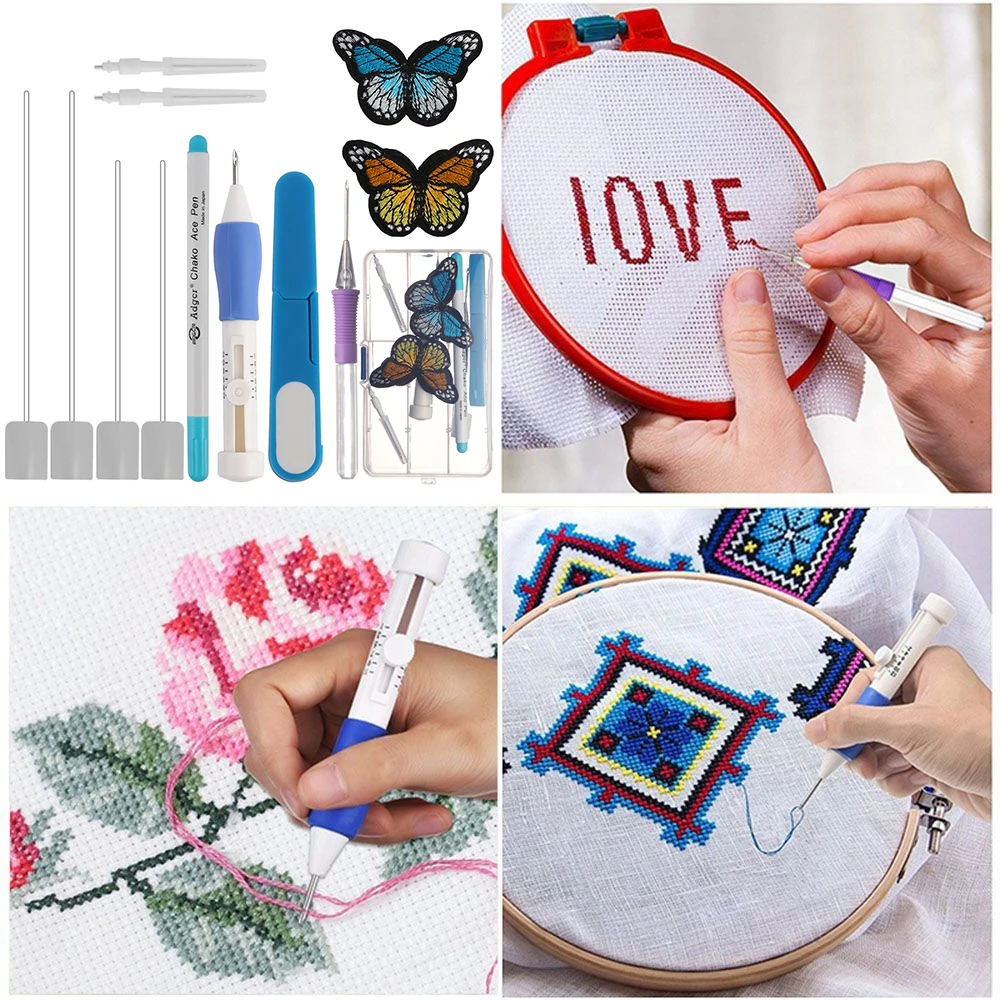 

Magic Embroidery Pen Punch Needle Tool Kit Embroidery Stitching Punch Pen Set with Scissors For Embroidery Threaders DIY Sewing
