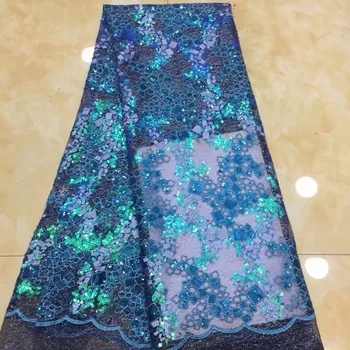 

blue Sequins Net Lace Fabric Unique Style Sequined Special Embroidered Tulle Lace French Indian Wedding Prom Dresses Material