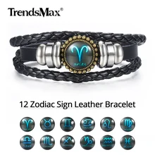 12 зодиакальное Созвездие кожаные браслеты для мужчин бронза Нержавеющая Сталь Овен Рак очаровательный браслет мужские ювелирные изделия подарки LBM138