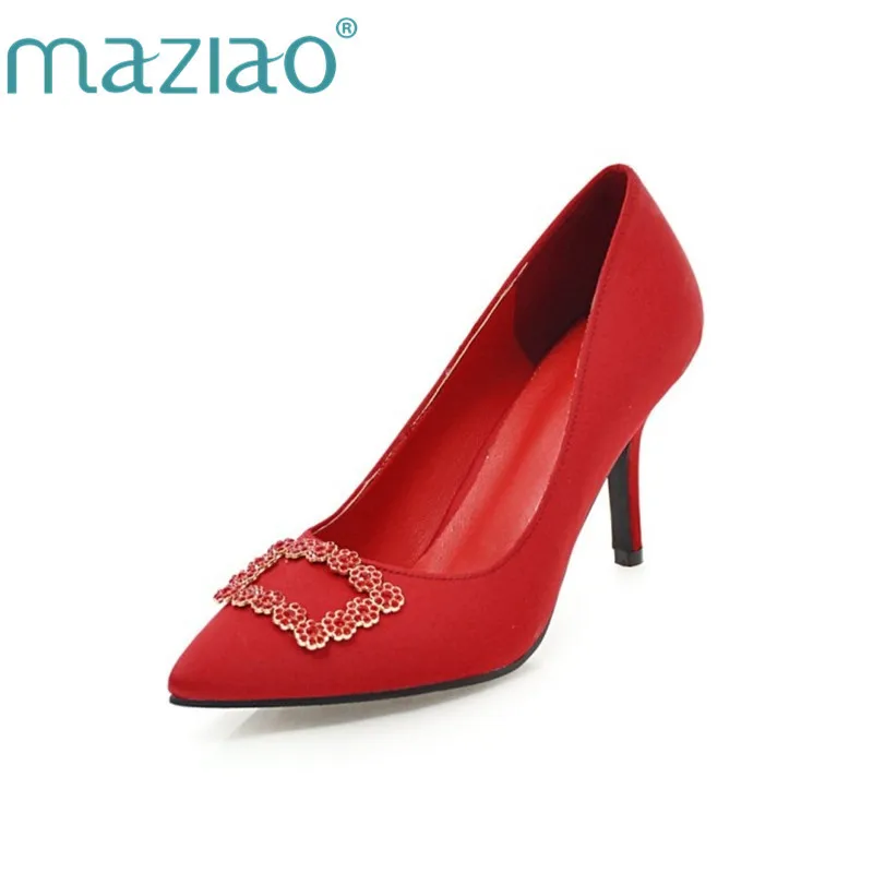 

MAZIAO Sexy High Heels Women Shoes Stiletto Pointed Toe Crystal Thin High Heels Shoes Rhinestone Pumps Slip On Shoes 2018 Red