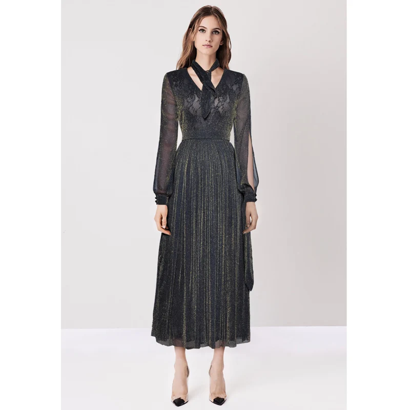 Runway Summer Sexy Women Dress Tie V Neck Back Sheer Lace Pleated Mesh Modern Metallic Black Elegant Dress luxury party dresses