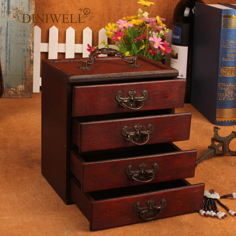 

DINIWELL Antique Jewelry Storage Box Organizer For Necklace Bracelet Earrings 4 Drawers Make-up Storage Boxes Women Dressing Box