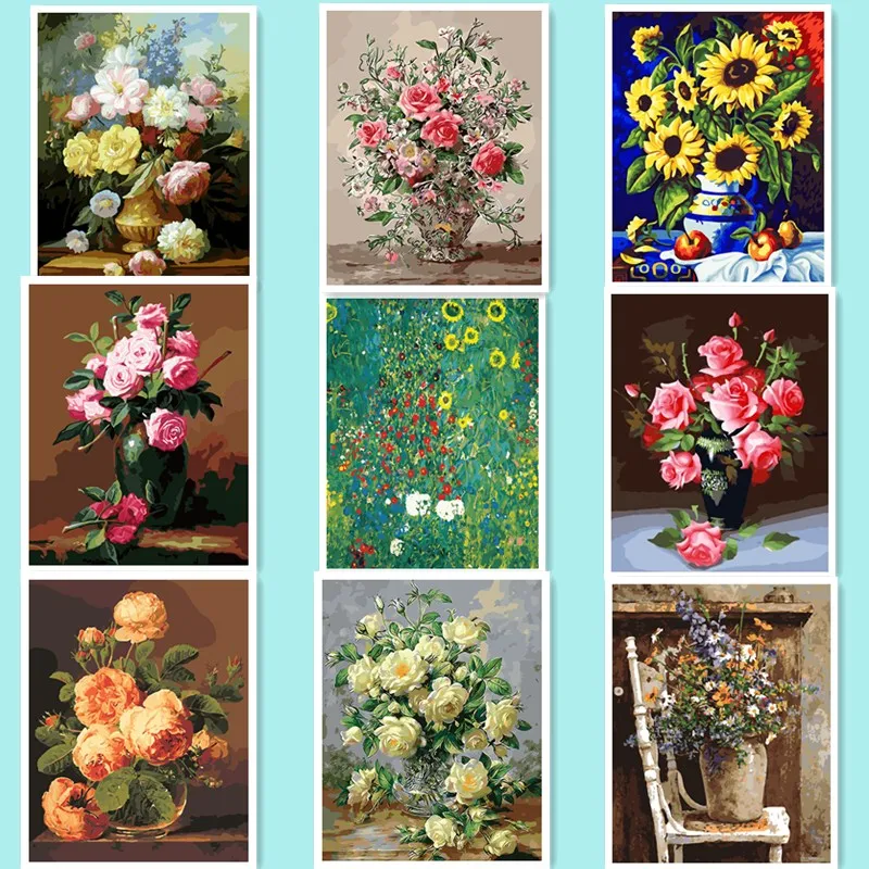 

Oli Painting Coloring by Numbers On Canvas DIY Hand Painted Cuadros Decoracion Cheap Oil Painting rose sunflower DY43