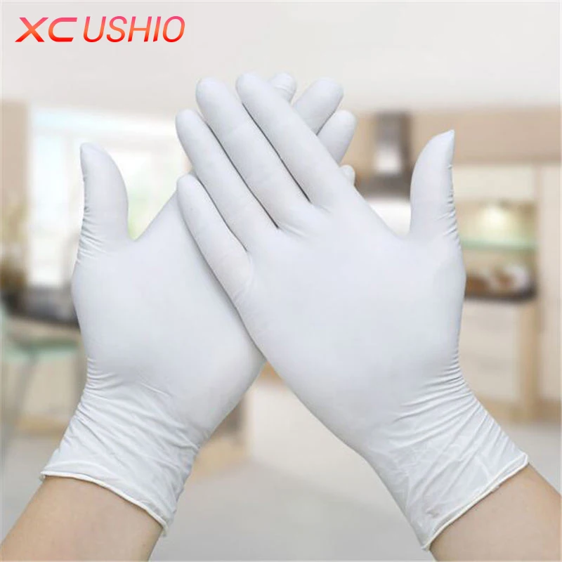 Tanie 100 sztuk partia jednorazowe rękawice lateksowe uniwersalne czyszczenie rękawice wielofunkcyjne domowe jedzenie Medical Cosmetic jednorazowe rękawice