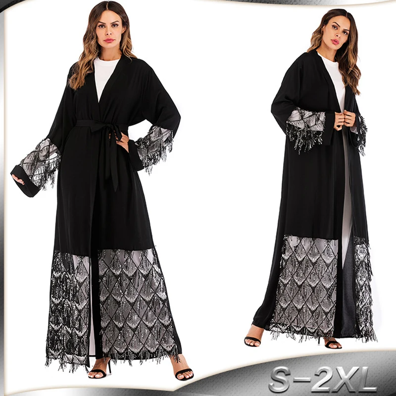 

Black Nida Abaya Kaftan Robe Dubai Arabic Sequined Muslim Cardigan Hijab Dress Qatar Abayas For Women Turkish Islamic Clothing