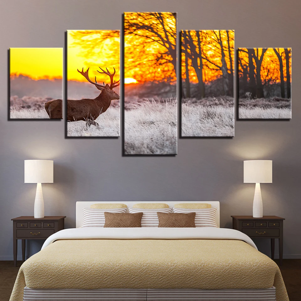 Домашний декор Картины Wall Art 5 шт. зимние закат олень Плакаты Гостиная HD печатает