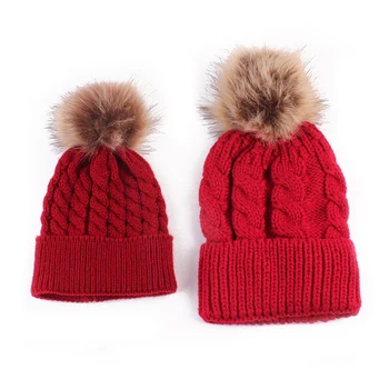 

2pcs/Set Mother Kids Child Baby Warm Winter Knit Beanie Fur Pom Hat Crochet Ski Cap Cute