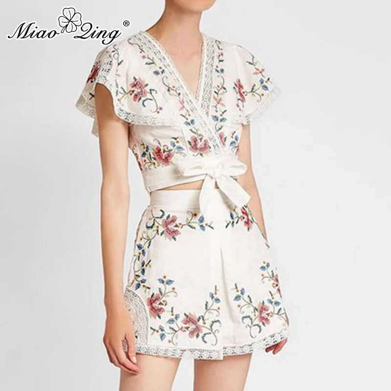 

MIAOQING Print cut-out two-piece women's v-neck short-sleeved top high waist wide leg shorts women's summer suit