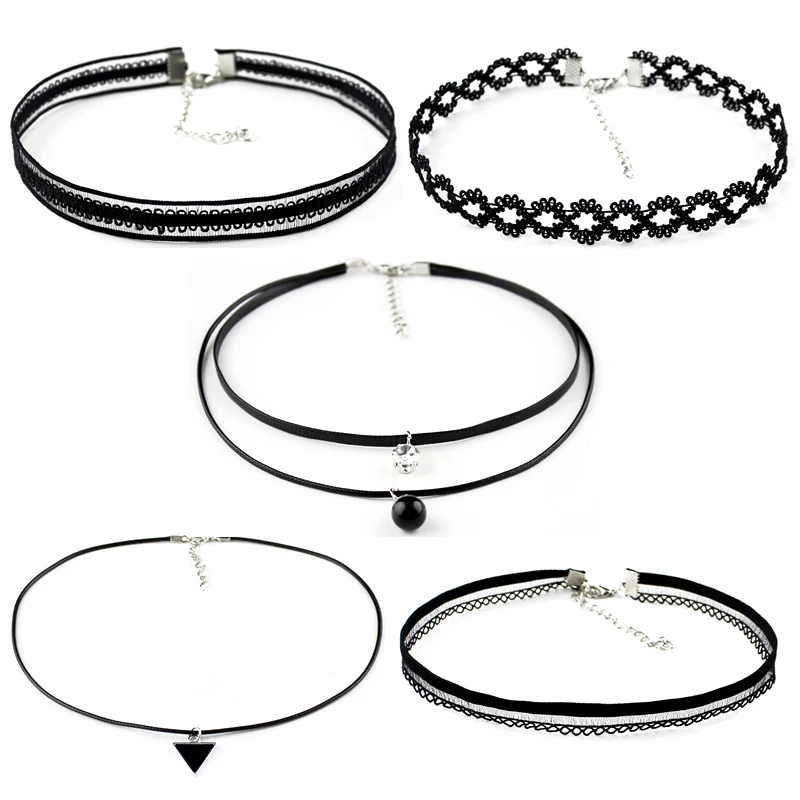5 style/set Belt Choker Necklaces Black Lace Tattoo Triangle Chocker