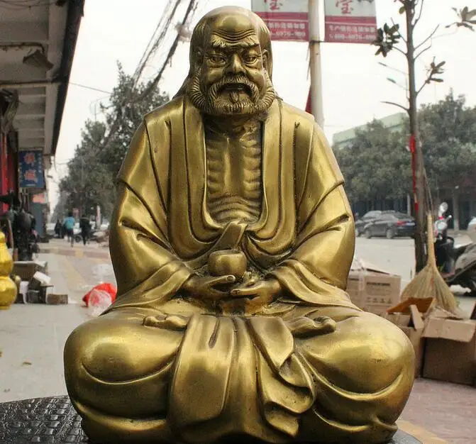 

free 10" Chinese Buddhism Brass Sit Arhat Damo Bodhidharma Dharma Buddha Bowl Statue fast