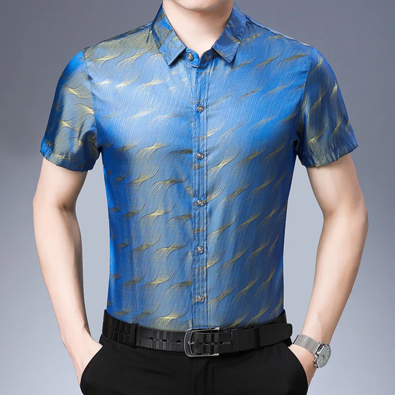 Hot sale mens summer fashion striped silk dress shirts male short ...