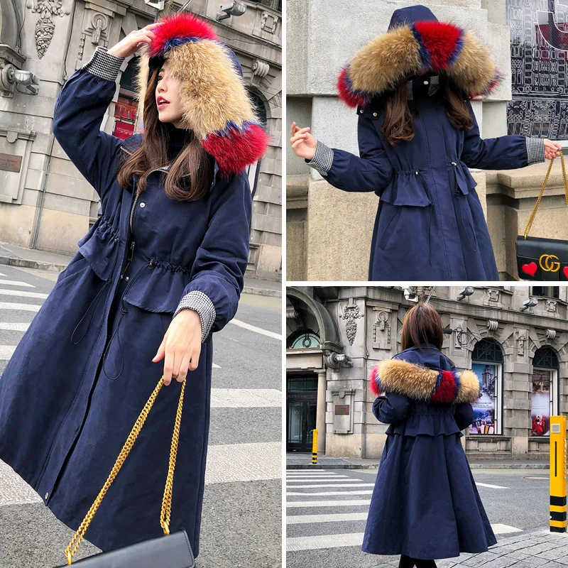 Colorful large raccoon dog fur collar thick winter down coats women slim waist white duck down jackets 2018 autumn MOVAU0167