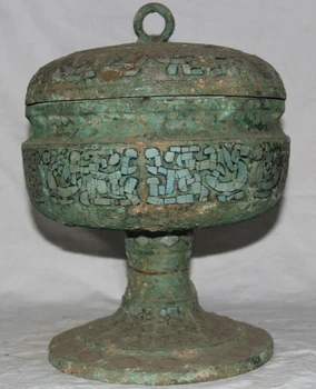 

USPS to USA S2188 14" Archaic Chinese Dynasty Bronze Turquoise Palace Food Container Vessel Box