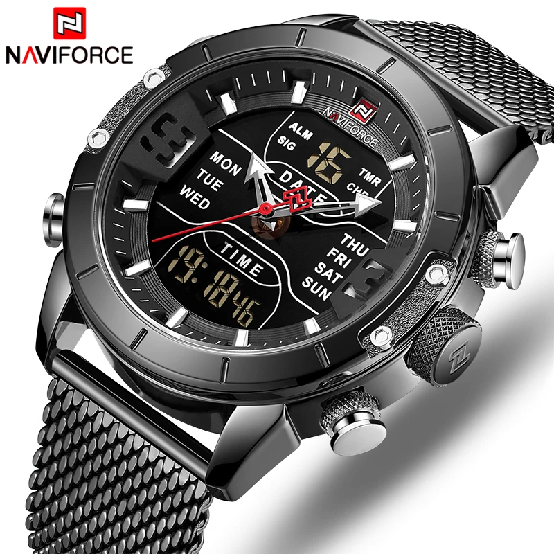 Для мужчин часы naviforce Модные Спортивные Повседневные часы нержавеющая сталь ремень водостойкий двойной дисплей наручные