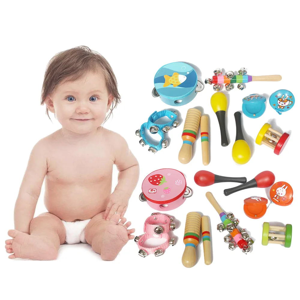 10 Baby Kids Wooden Colorful Musical Instrument Cage Rattle Hand Ring Bell Sand Hammer Rod Handbell Drum Percussion Toy | Игрушки и