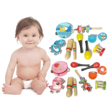

10 Baby Kids Wooden Colorful Musical Instrument Cage Rattle Hand Ring Bell Sand Hammer Rod Handbell Rattle Drum Percussion Toy