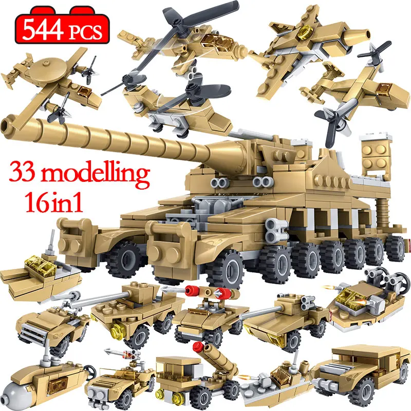 Günstig 16 In 1 Armee WW2 Tank Hubschrauber Bausteine Kits Kompatibel Legoing Militär Fahrzeuge Waffen Figuren Ziegel Spielzeug für Jungen