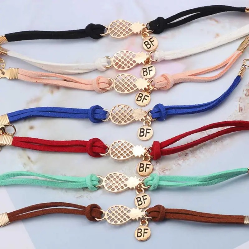 

Best Friend Bracelet gift 6 Colors Fashion Women Girls Faux Leather Rope Hollow Pineapple Letter BF Double Layers
