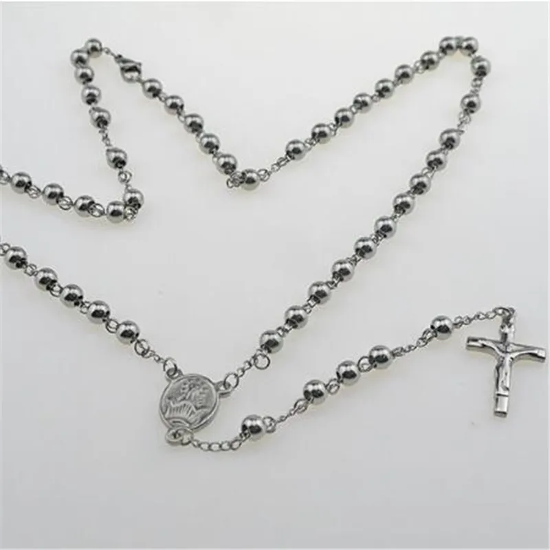 

Silver Tone Crossed Pendant Necklace Stainless Steel Bead Chain Jesus Christ Rosary Long Necklace Mens Womens Jewelry 4/5/6/8mm