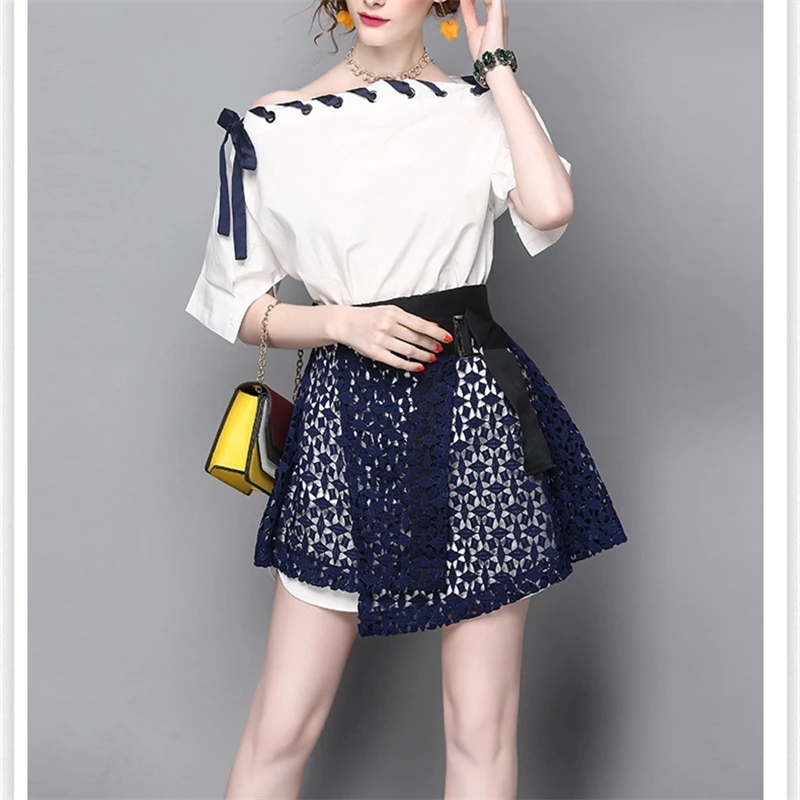 

Fashion Designer Sets Suit 2 Piece Women Slash Neck Bandage Lace Up Long Blouses Tops And Irregular Lace Skirt Suit Set SL056